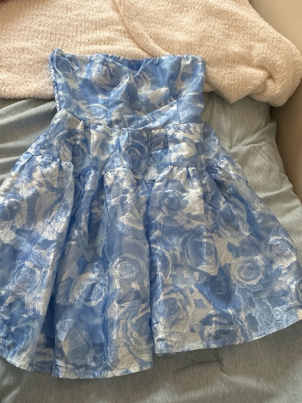 Hello Molly Strapless Light Blue and Silver Floral Party Dress